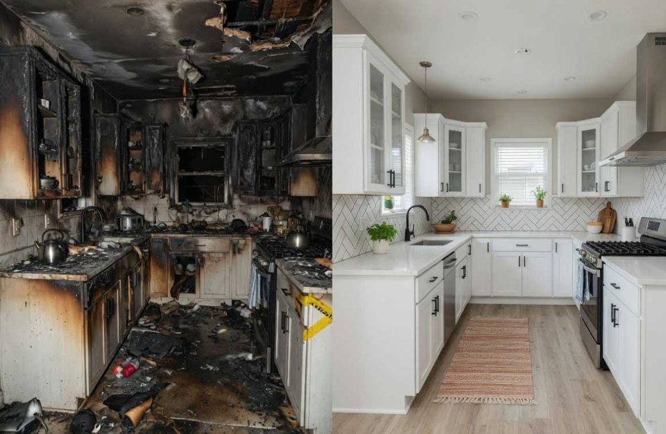 Fire-damaged kitchen and its restored interior